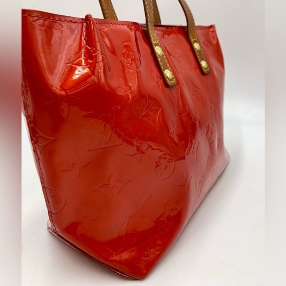 Auth Louis Vuitton Mini Red LV Monogram Vernis Tote Vachetta Leather Handles - Picture 10 of 14